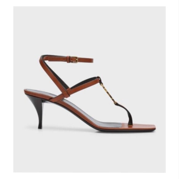 NWT Saint Laurent Vitti Brown Leather YSL T-Strap Sandals Size 37 / 7 US - Picture 3 of 5